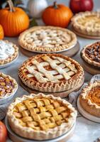 Delicious homemade pies and pumpkins displayed on a rustic table in autumn photo