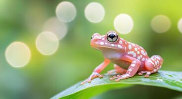 Colorful frog resting on a green leaf in a vibrant natural setting photo