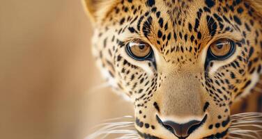 Close-up of a leopard staring intently in the lush jungle during golden hour photo
