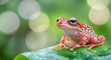 Colorful frog resting on a green leaf in a vibrant natural setting photo