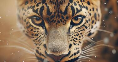 Close-up of a leopard staring intently in the lush jungle during golden hour photo