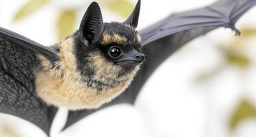 Close-up of a small black bat in mid-flight against a light background photo