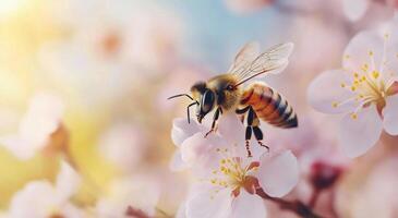 Honeybee collecting nectar from cherry blossoms in springtime sunlight photo