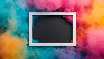Colorful smoke background with empty frame for creative display photo