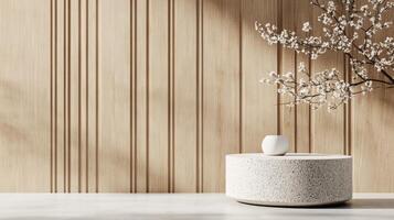 Simple decor featuring a round table with a vase and blossoming branch against a wooden wall photo