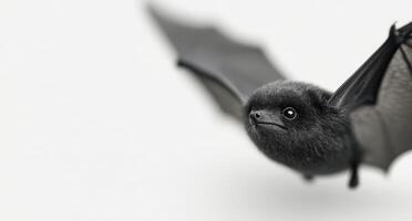 Close-up of a small black bat in mid-flight against a light background photo