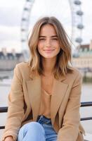 Young woman sitting by the river with the London Eye in the background on a sunny day photo