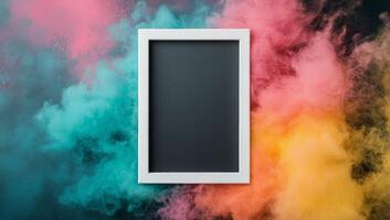 Colorful smoke background with empty frame for creative display photo