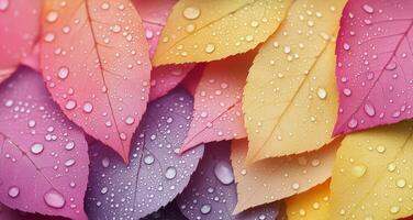 Colorful wet leaves arranged in a vibrant pattern after rain photo
