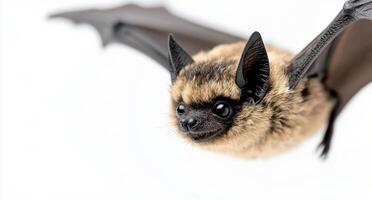 Close-up of a small black bat in mid-flight against a light background photo
