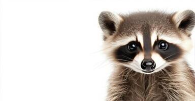 Two playful raccoons posing together against a white background photo