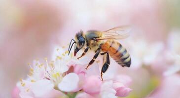 Honeybee collecting nectar from cherry blossoms in springtime sunlight photo