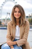 Young woman sitting by the river with the London Eye in the background on a sunny day photo