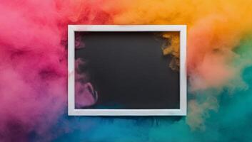 Colorful smoke background with empty frame for creative display photo