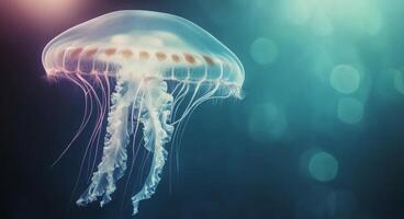 A jellyfish gracefully swims in deep blue waters with bubbles surrounding it photo