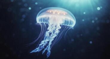 A jellyfish gracefully swims in deep blue waters with bubbles surrounding it photo