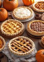 Delicious homemade pies and pumpkins displayed on a rustic table in autumn photo