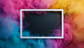 Colorful smoke background with empty frame for creative display photo