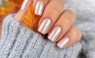 Elegant metallic nail design with autumn leaves in cozy knit sweater setting photo