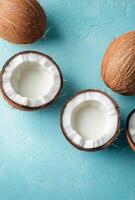 Fresh coconuts with opened shells arranged on a blue background photo