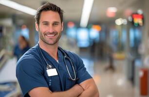 Smiling Healthcare Professional in Scrubs at a Modern Hospital photo