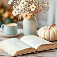 Cozy Reading Corner With Open Book, Autumn Decor, Tea, and Dried Flowers photo