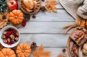 Autumn Harvest Display Featuring Fresh Produce and Baked Goods on Wooden Table photo