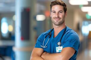 Smiling Healthcare Professional in Scrubs at a Modern Hospital photo