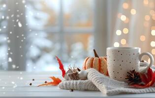 Cozy Autumn Setup With Warm Drink, Pumpkin, and Snowfall in Background photo