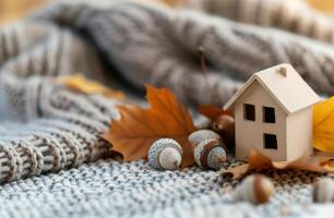 Cozy White House Model Surrounded by Autumn Leaves and Acorns on Soft Knit Blanket photo