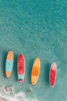 Colorful Paddleboards Lined Up on Clear Tropical Water at Sunny Beach photo