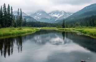Serene Lush Forest Reflection in Mountain River Under Cloudy Sky photo