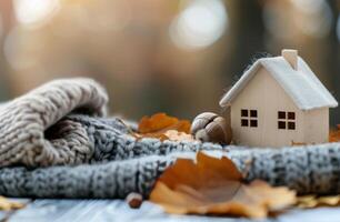 Cozy White House Model Surrounded by Autumn Leaves and Acorns on Soft Knit Blanket photo