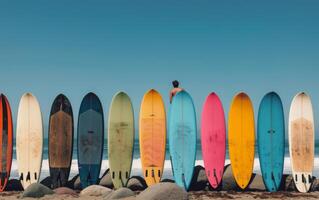 Colorful Surfboards Lined Up on Sandy Beach With Rocky Cliffs in Background photo
