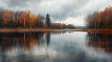 Autumn Reflections Over Tranquil Lake Surrounded by Colorful Foliage in a Cloudy Setting photo