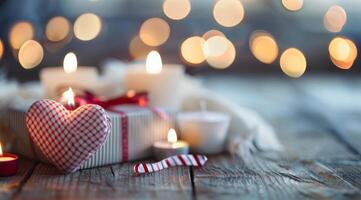 Gift Wrapped in Ribbon With Heart-Shaped Decor and Soft Candlelight in a Cozy Setting photo