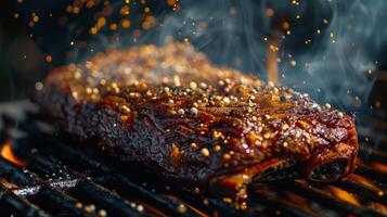 Grilled Meat Sizzling Over Flames With Smoke and Sparks at Outdoor Barbecue Evening photo