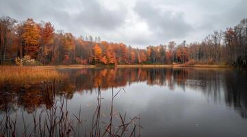 Autumn Reflections Over Tranquil Lake Surrounded by Colorful Foliage in a Cloudy Setting photo
