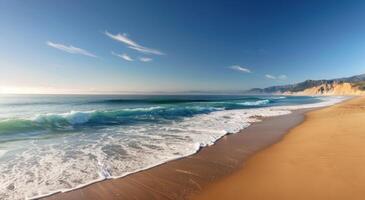 Serene Beachfront View at Sunrise With Gentle Waves and Clear Skies photo