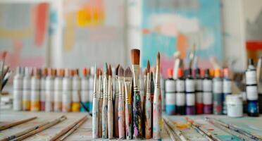 Art Studio Workspace With Brushes, Paints, And Palettes During Daytime photo
