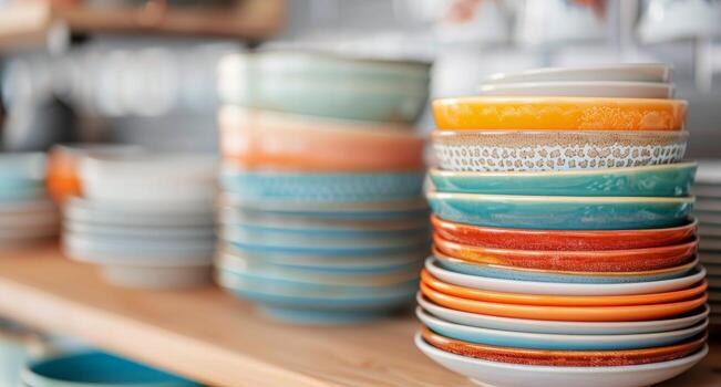 Colorful Stacked Plates Displayed in a Rustic Kitchen photo