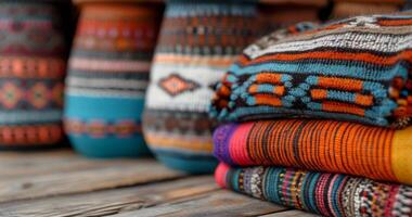 Colorful Handcrafted Pots Displayed on a Table at a Craft Market photo