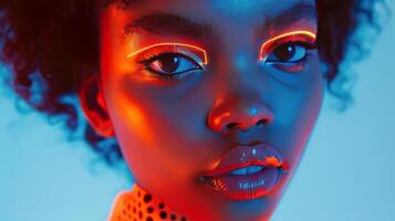 Portrait of a Model With Neon Makeup and Vibrant Lighting in a Studio Setting photo