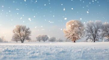 Snow-Covered Landscape With Bare Trees Under a Clear Winter Sky photo