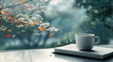 Cozy Coffee Moment by the Window With Autumn Leaves and Books photo