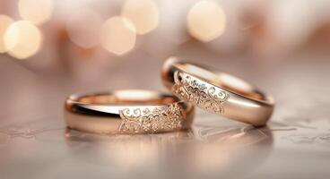 Elegant Rose Gold Wedding Bands on Soft Background With Blooms photo