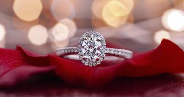 Elegant Diamond Ring Resting on Red Rose With Blurry Bokeh Background photo