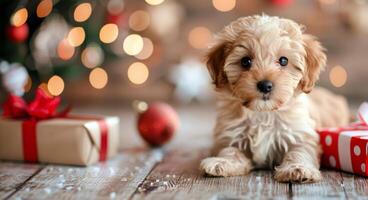 Cute Puppy With Red Ribbon on Christmas Present Surrounded by Holiday Lights photo