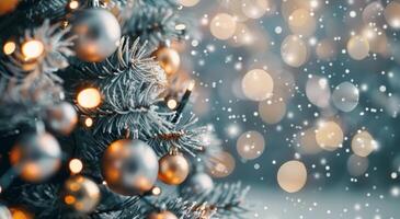 Decorated Christmas Tree With Ornaments and Snow in Evening Light photo