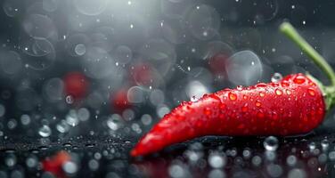 Fresh Red Chili Pepper With Water Droplets on Dark Surface in Dramatic Lighting photo